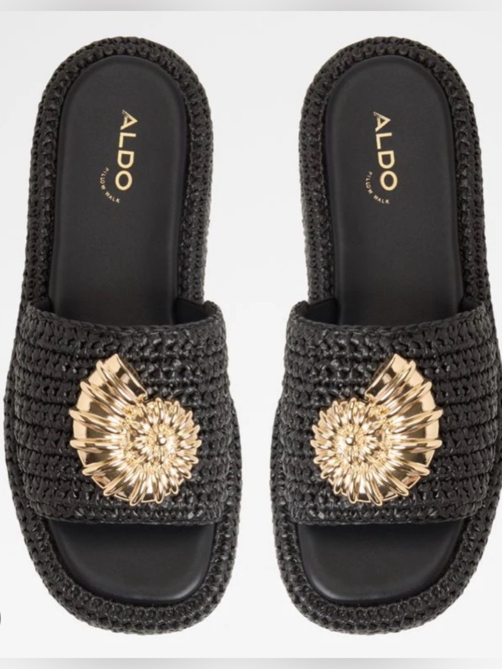 ALDO Black Woven Slide Mules with Gold Floral Emblem (Never worn)